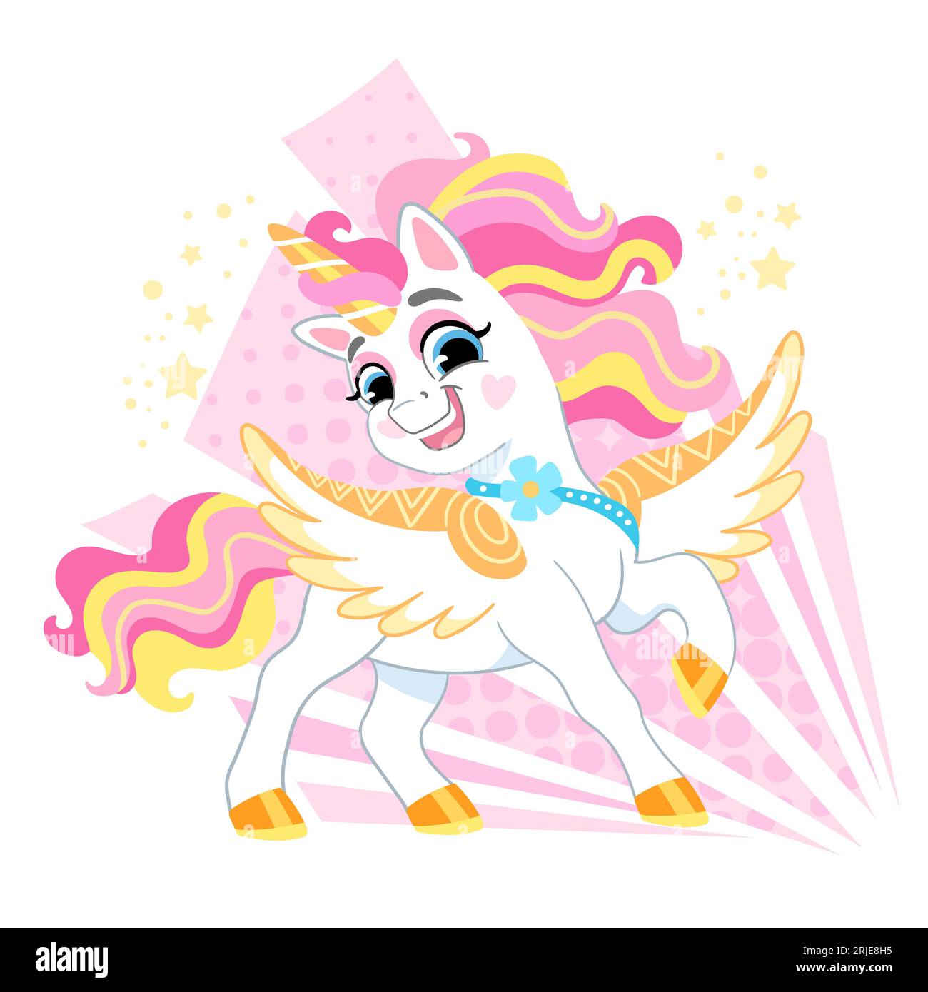 Cute cartoon character happy unicorn with pink and yellow mane. Vector ...