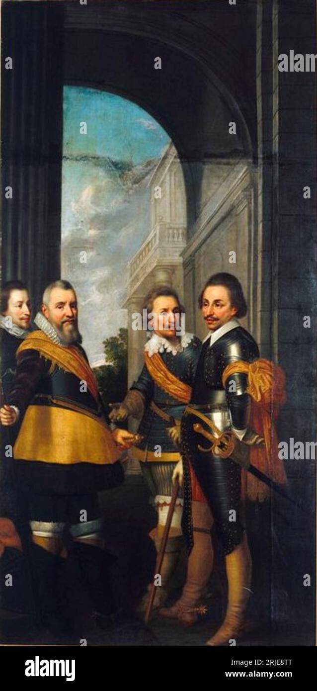 Portrait of Willem Lodewijk van Nassau-Dietz (1560-1620), Lodewijk Günther van Nassau-Dietz (1575-1604), Ernst Casimir van Nassau-Dietz (1573-1632) en Philips van Nassau-Dietz (1566-1595) 1634 by Wybrand de Geest Stock Photo