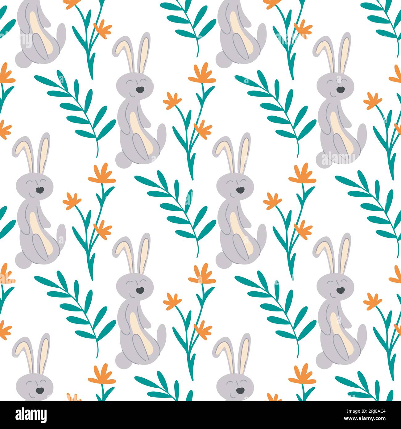 Cute bunnies in flowers and herbs seamless pattern. Baby background with hares and meadow grasses. Print with rabbits and wildflowers bloom Stock Vector