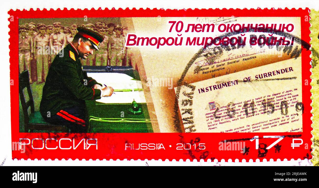 MOSCOW, RUSSIA - OCTOBER 30, 2022: Postage stamp printed in Russia shows Georgy Zhukov sign Instrument of surrender, 70th Anniversary of the End of Wo Stock Photo