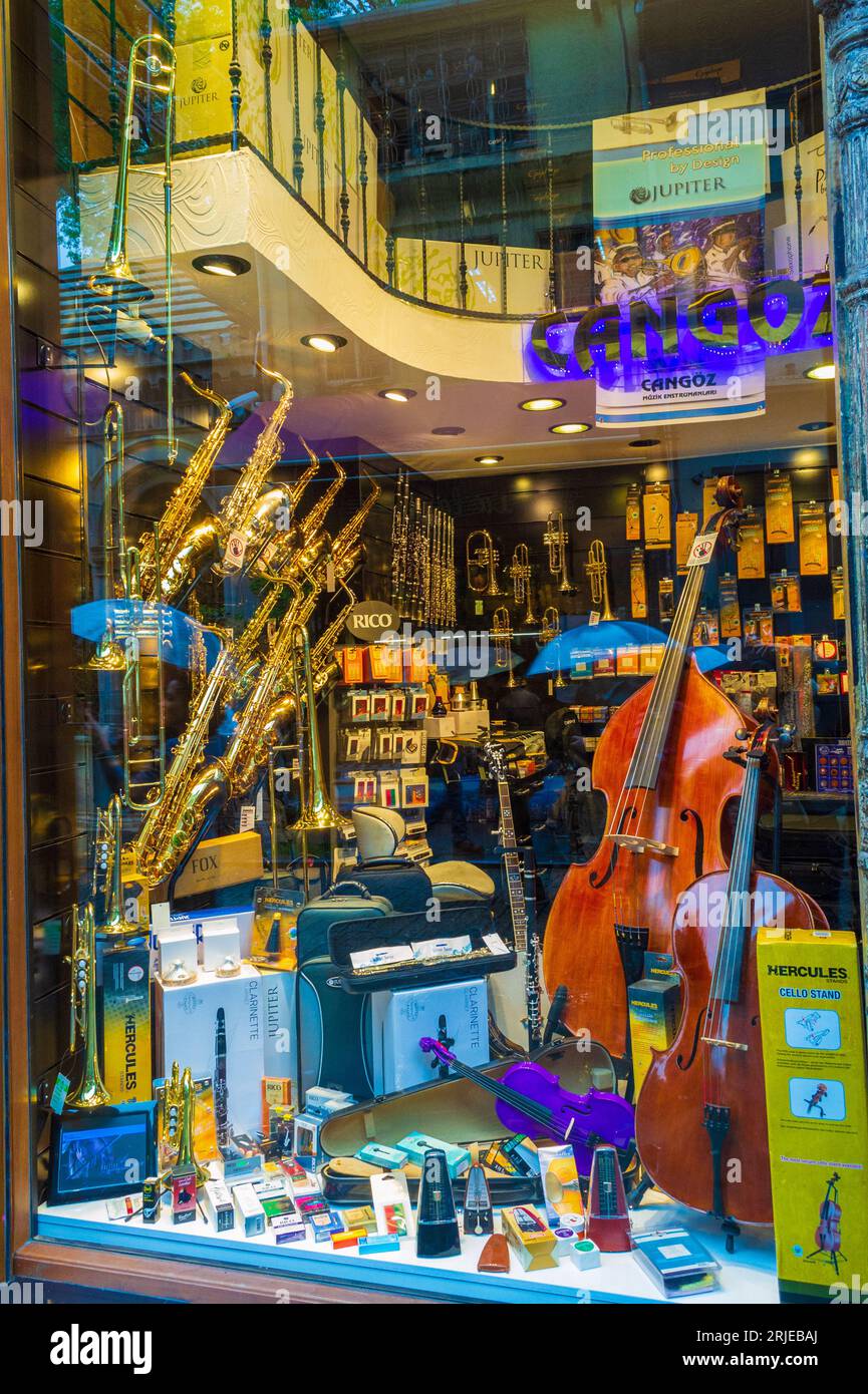 Interior view of music instruments shop at Galip Dede Cd Beyoglu
