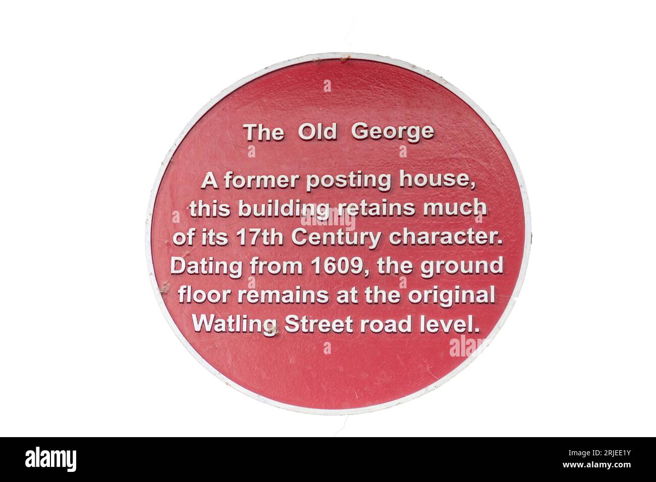 Historic plaque on wall of 17th century Old George Hotel, High Street, Stony Stratford, Buckinghamshire, England, United Kingdom Stock Photo
