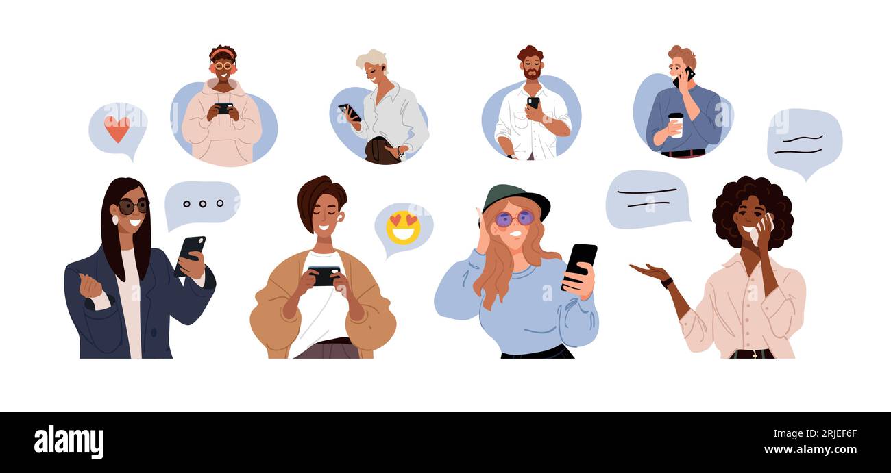 Men and women communicate using the phone, the concept of dating, long distance relationships, dependence on social networks. Set of flat cartoon illu Stock Vector