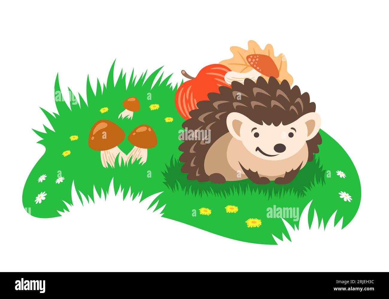 Cute little hedgehog sitting on green forest lawn. Cartoon banner. Smiling hedgehog carries an apple, a mushroom and an autumn leaf on its back. Adora Stock Vector