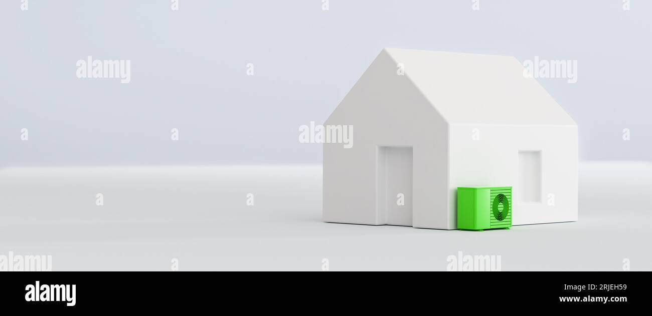 Model home with a green heatpump. Concept for sustainable heating with electric heatpumps. Stock Photo