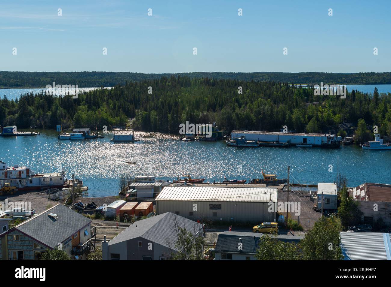 Yellowknife, NT / Canada - 13 August 2022: Summer view of Houseboat Bay in city of Yellowknife in Northwest Territories, Canada Stock Photo