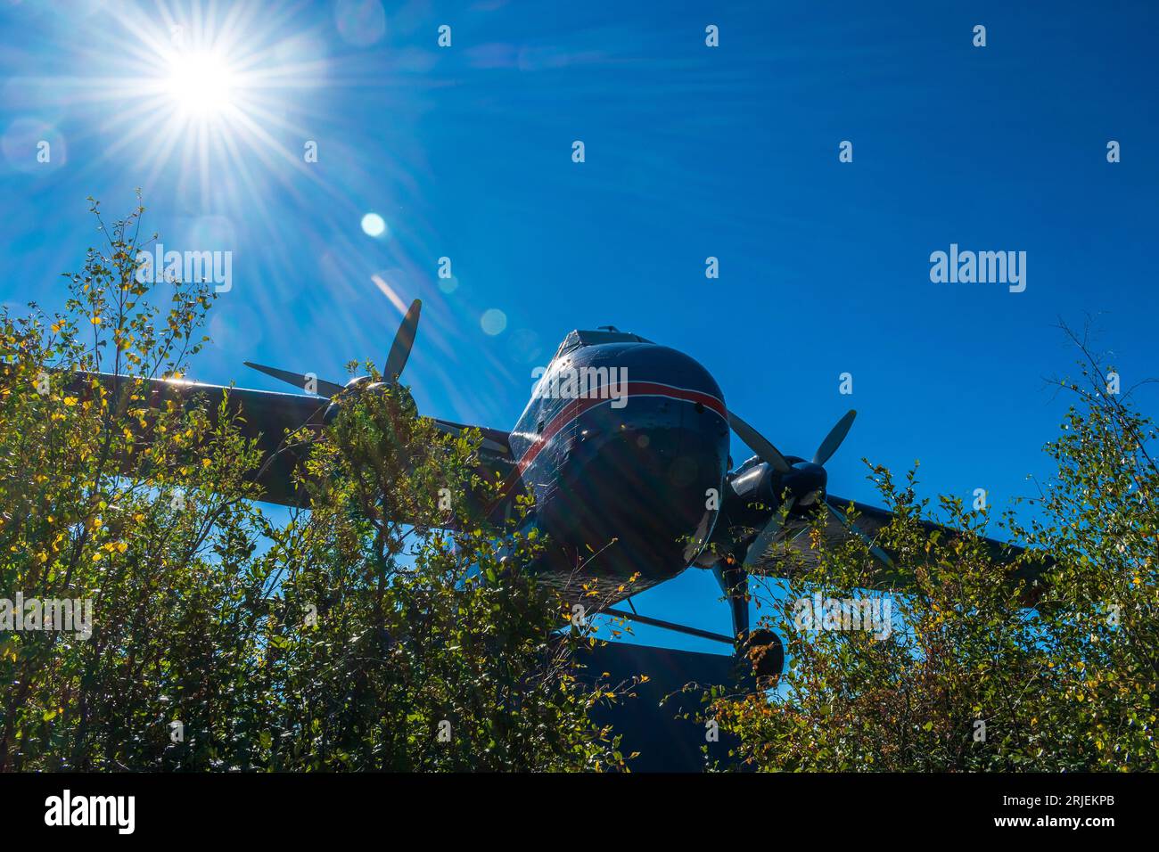 Yellowknife, NT  Canada - 13 AUG 2022: A Bristol Air Freighter suspended in the sky welcomes visitors to Yellowknife, Northwest Territories, Canada Stock Photo