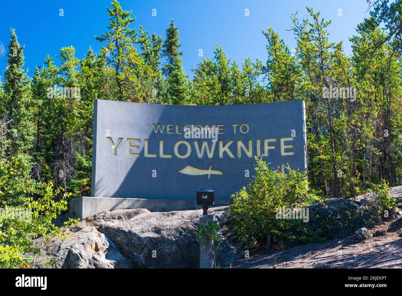 Yellowknife, NT  Canada - 13 AUG 2022: Welcome sign as you enter Yellowknife, Northwest Territories, Canada Stock Photo