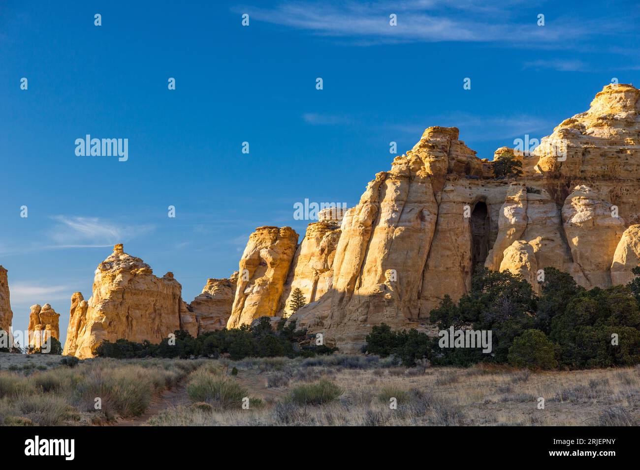 Colorful hoodoos, or rock formations, on  a Navajo Sandstone mesa in the Head of Sinbad area of the San Rafael Swell in Utah. Stock Photo