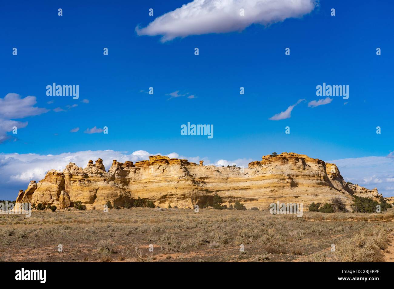 Colorful hoodoos, or rock formations, on a Navajo Sandstone mesa in the Head of Sinbad area of the San Rafael Swell in Utah. Stock Photo