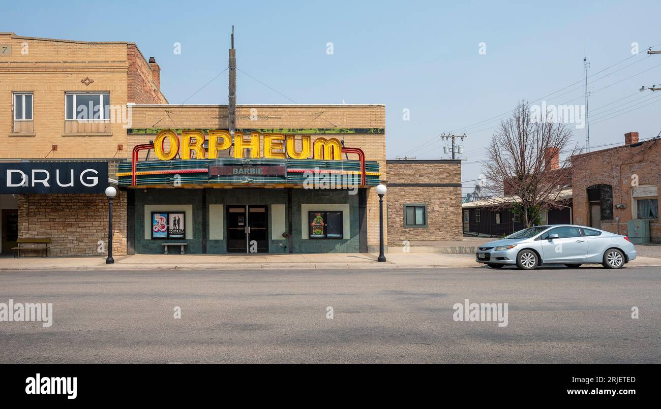 Conrad, Montana, USA August 17, 2023 Exterior of the Orpheum Theater