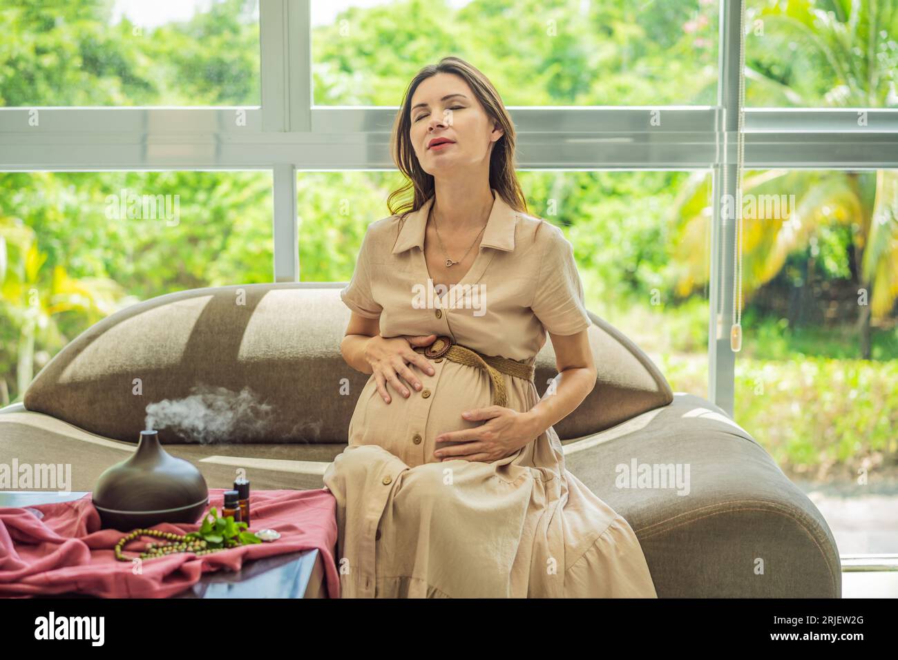 A serene moment captured as a pregnant woman after 40 embraces the