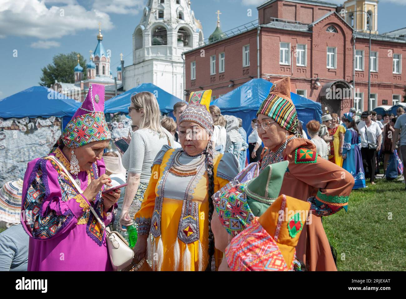 Kolomna, Russia, 12 June 2022. Celebration of the Day of Russia. Elderly Yakut women in national costumes. Elderly Yakut women showing national clothe Stock Photo