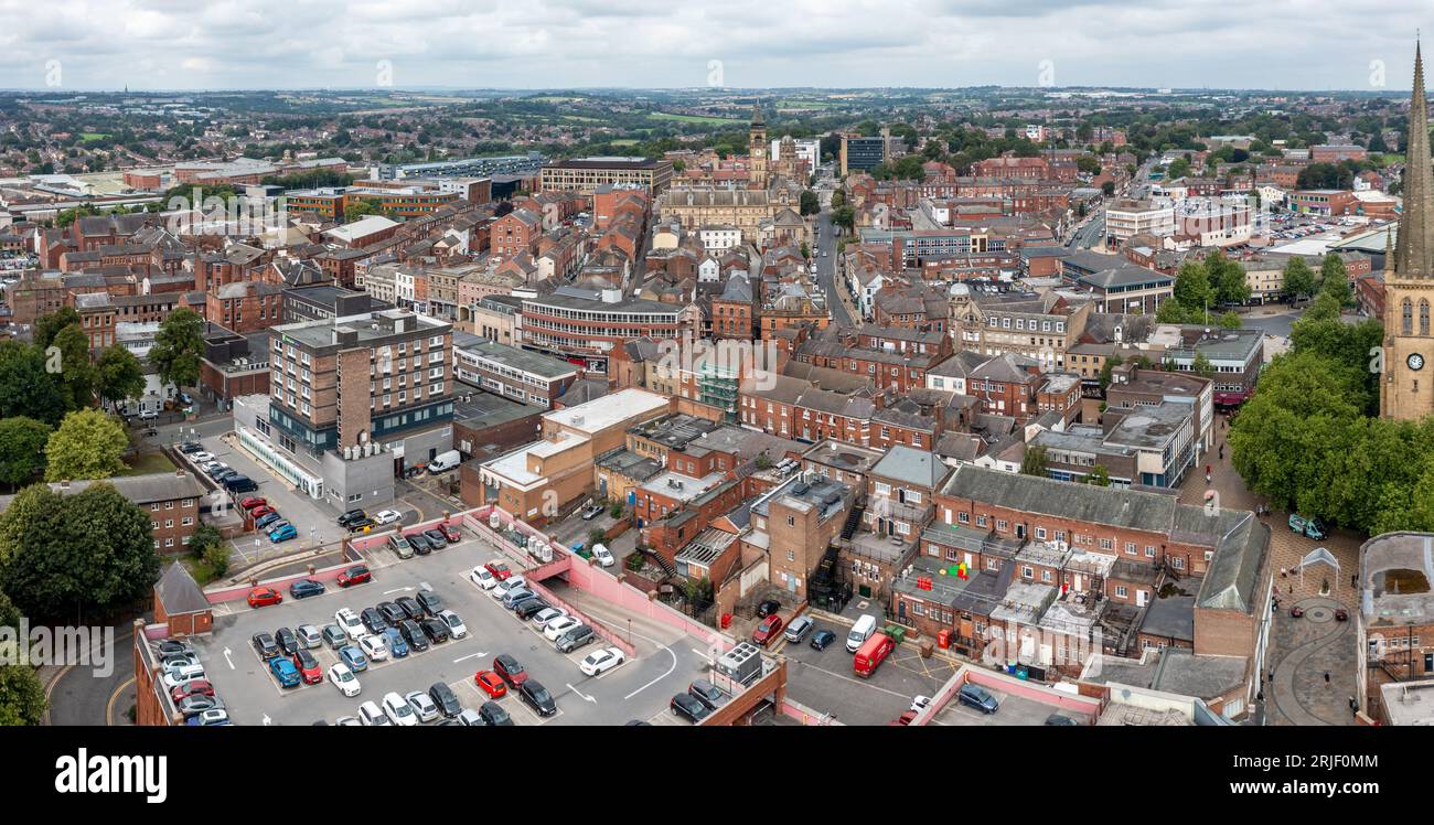 WAKEFIELD, UK - AUGUST 17, 2023.  An aerial panoramic view of a Wakefield cityscape skyline in the town centre of this North east England city Stock Photo