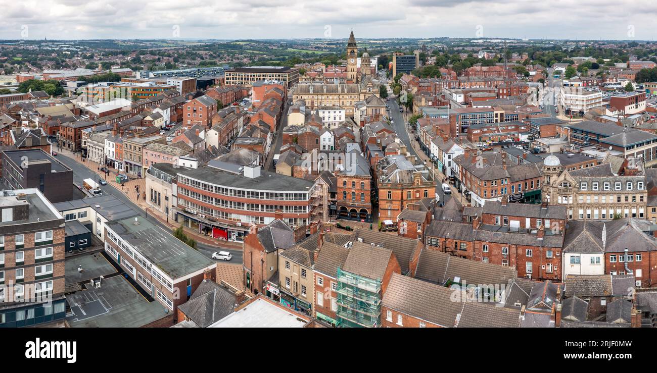 WAKEFIELD, UK - AUGUST 17, 2023.  An aerial panoramic view of a Wakefield cityscape skyline in the town centre of this North east England city Stock Photo