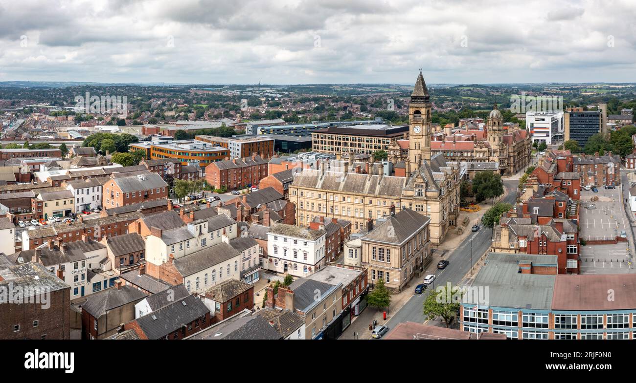 WAKEFIELD, UK - AUGUST 17, 2023.  An aerial panoramic view of a Wakefield cityscape skyline in the town centre with the Town Hall and Couny hall build Stock Photo