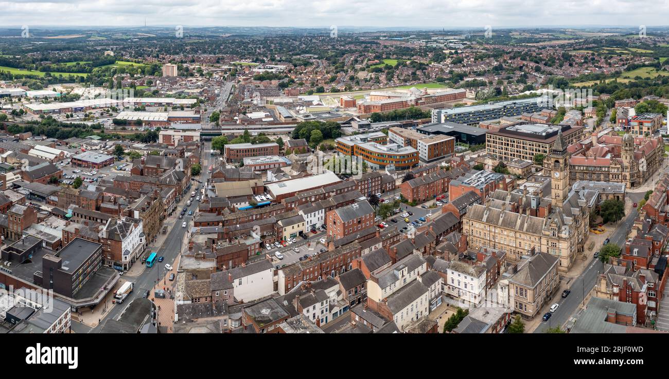 WAKEFIELD, UK - AUGUST 17, 2023.  An aerial panoramic view of a Wakefield cityscape skyline in the town centre with the Town Hall and Couny hall build Stock Photo