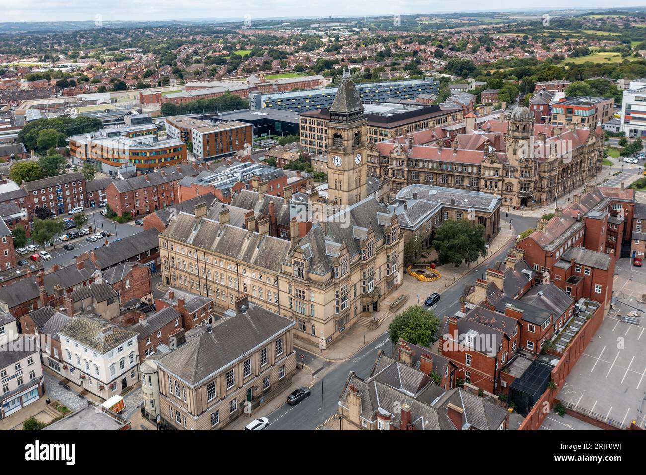 WAKEFIELD, UK - AUGUST 17, 2023.  An aerial panoramic view of a Wakefield cityscape skyline in the town centre with the Town Hall and County Hall buil Stock Photo