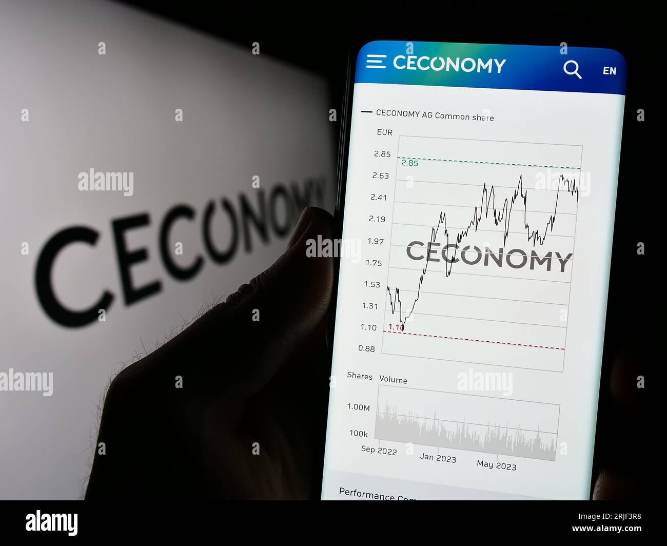 Person holding cellphone with webpage of German retail company Ceconomy AG on screen in front of logo. Focus on center of phone display. Stock Photo