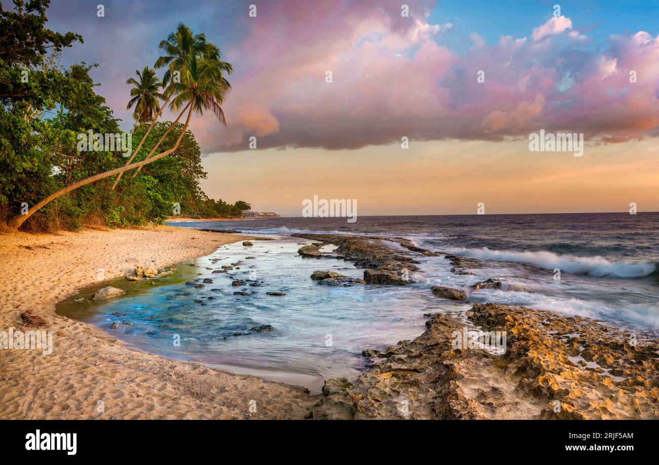 Tres Palmas Beach Sunset in Rincon,  west coast, Puerto Rico,USA,Caribbean Stock Photo