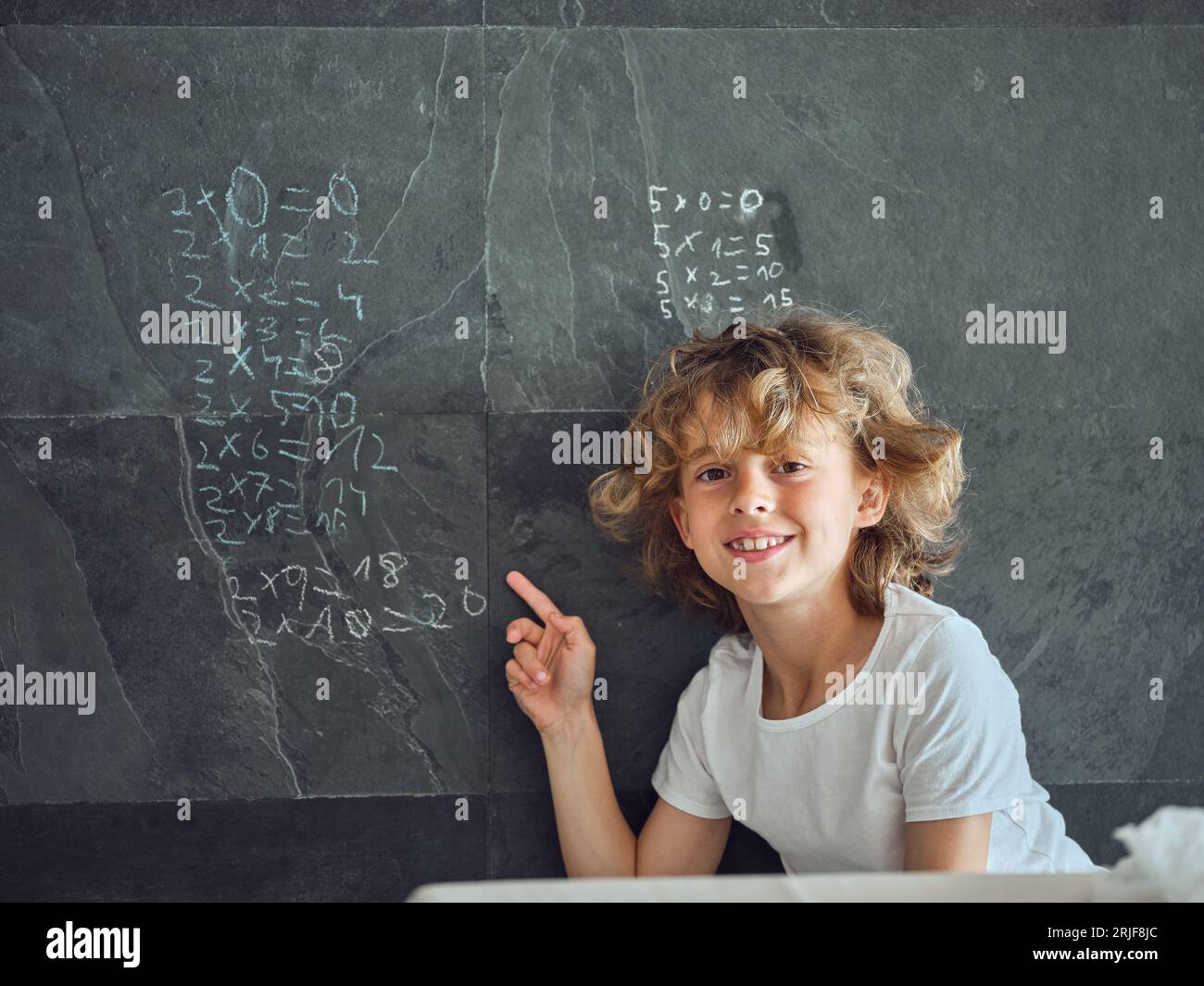 Happy kid looking at camera and pointing at math equations written on ...