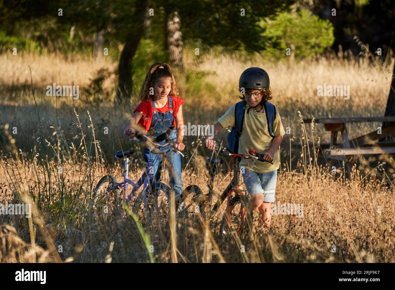 Full length of girl and boy in protective helmet bonding while walking through dry grass with bikes near wooden picnic table placed in recreation area Stock Photo