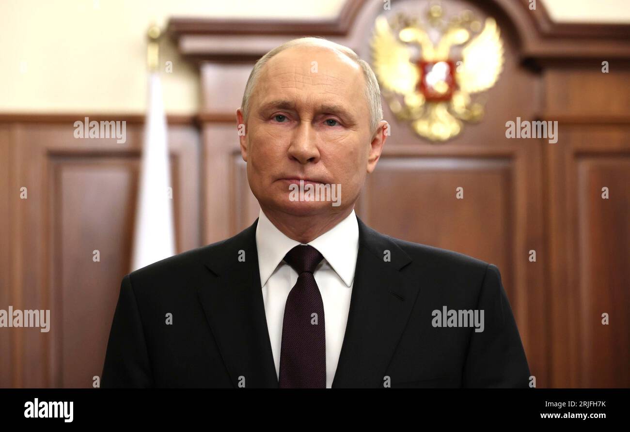 Moscow, Russia. 22nd Aug, 2023. Russian President Vladimir Putin delivers a televised address celebrating National Flag Day from the Kremlin, August 22, 2023 in Moscow, Russia. Credit: Mikhail Klimentyev/Kremlin Pool/Alamy Live News Stock Photo