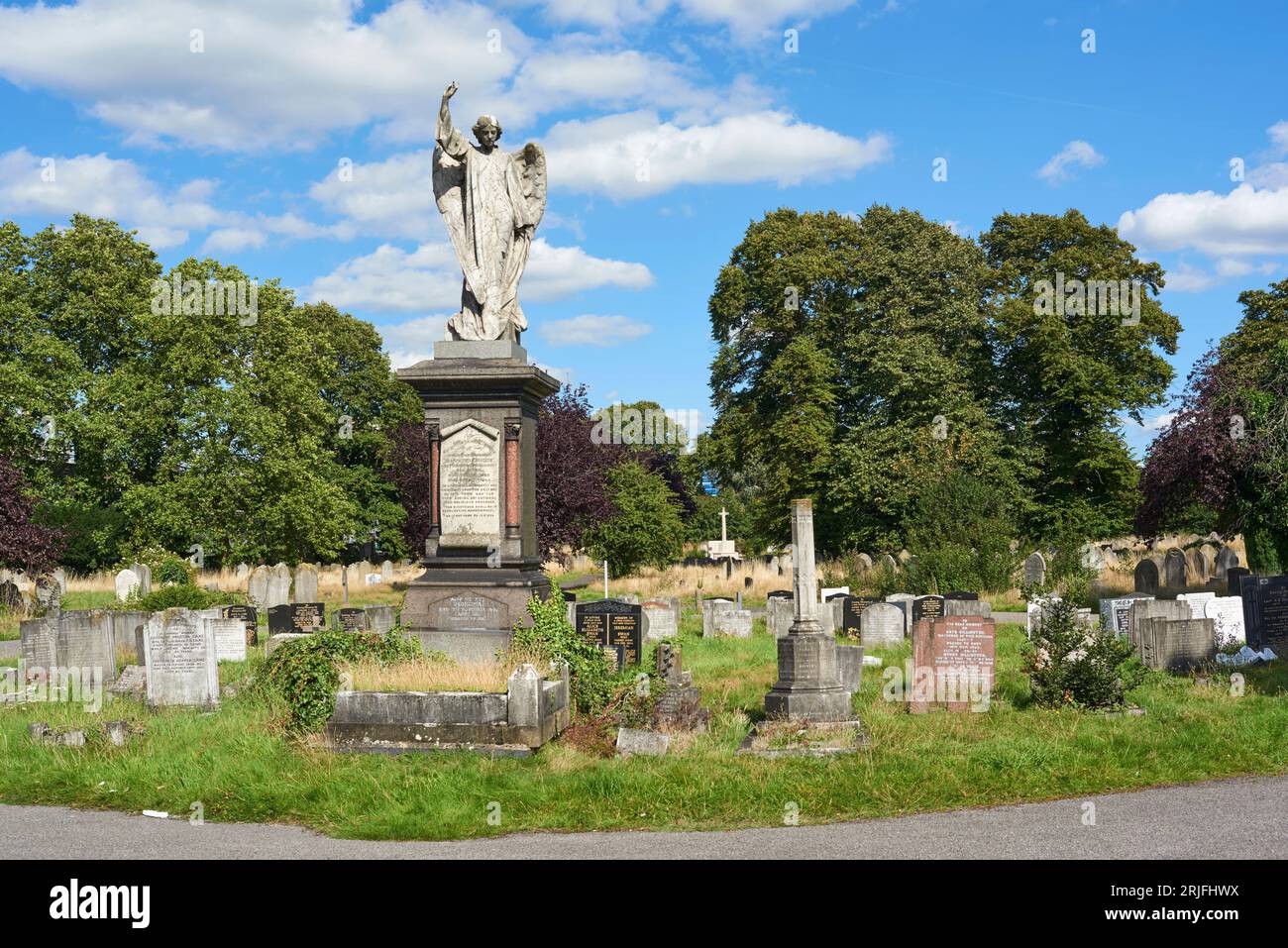 Monuments and gravestones at Great Ilford Cemetery, now known as Buckingham Road Cemetery, in the town of Ilford, Greater London UK Stock Photo