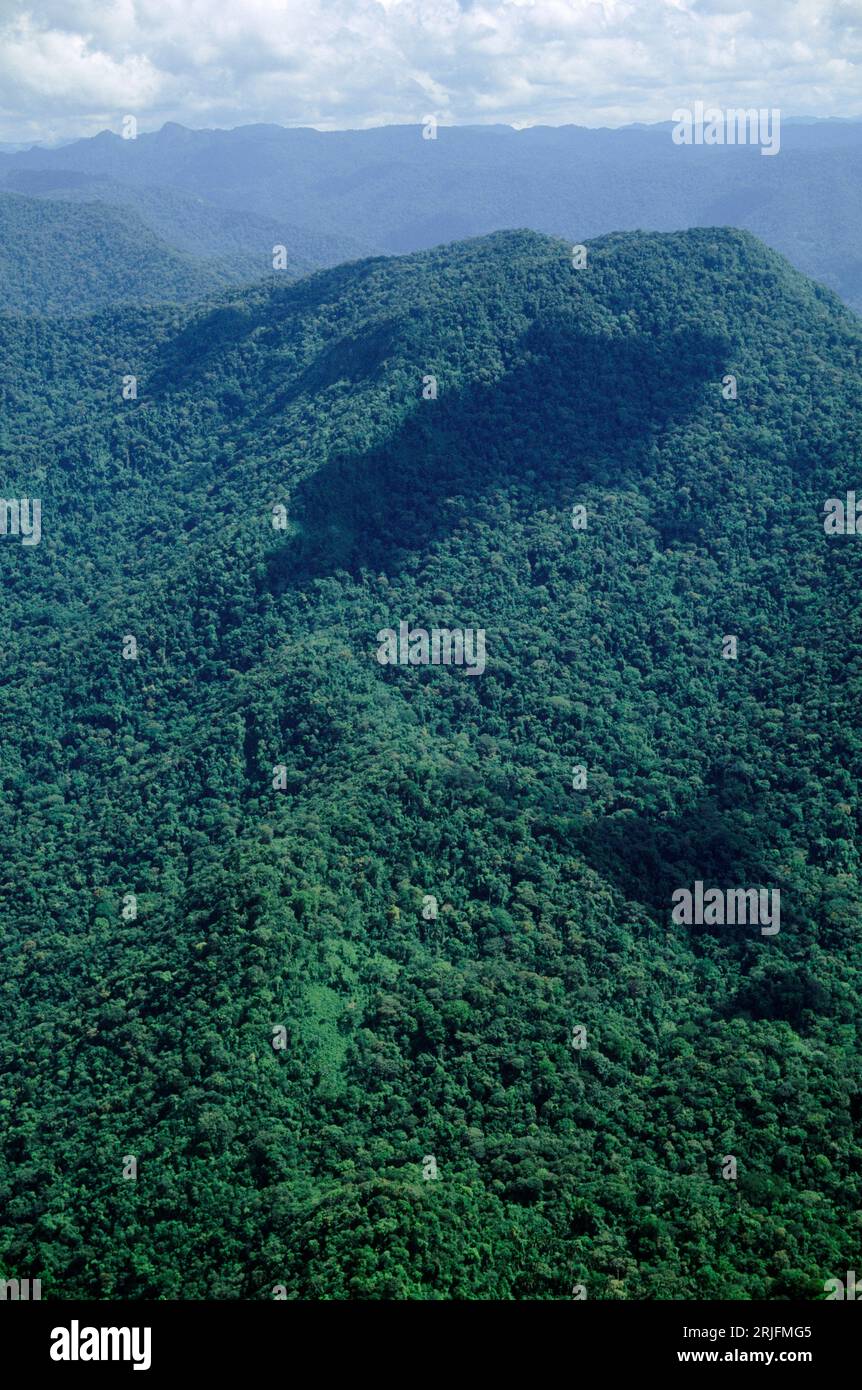 Aerial view of Maigualida Mountains (Sierra de Maigualida) granitic mountain range (unlike the tepuis, which are sedimentary sandstone table mountains) cov Stock Photo