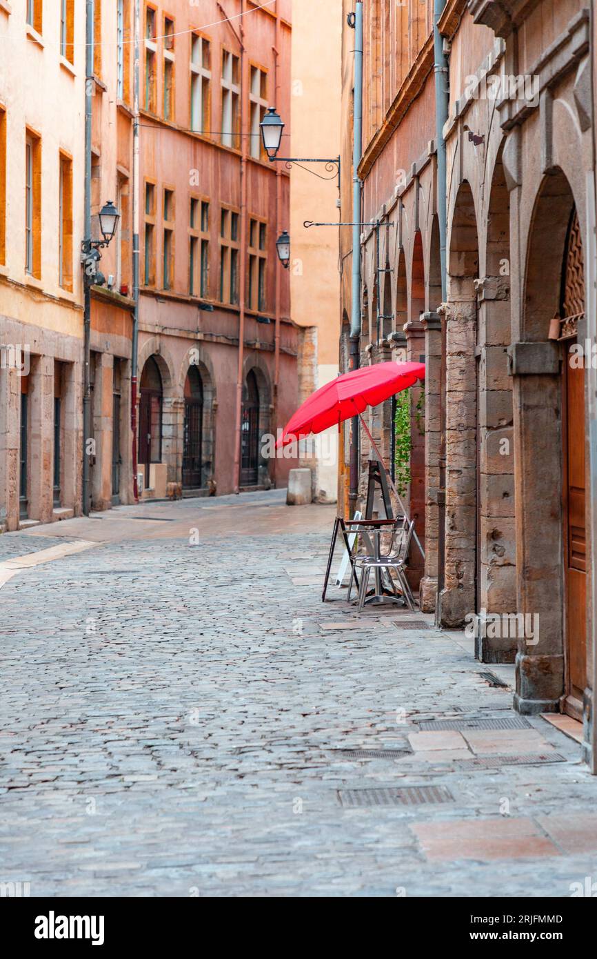 Street view and buildings in the old town of Lyon (Vieux Lyon), France. Stock Photo