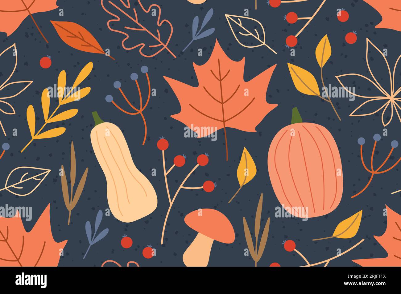 autumn seamless pattern with leaves, pumpkins and floral elements; great for wrapping, textile, wallpaper, greeting card- vector illustration Stock Vector