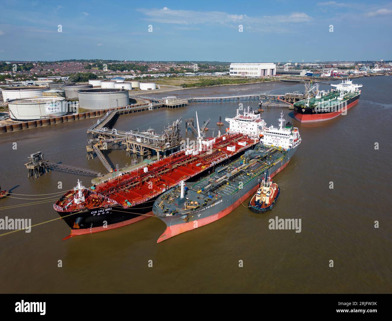 Aerial view, Elisabeth Schulte oil and Chemical Tanker ship at Tranmere