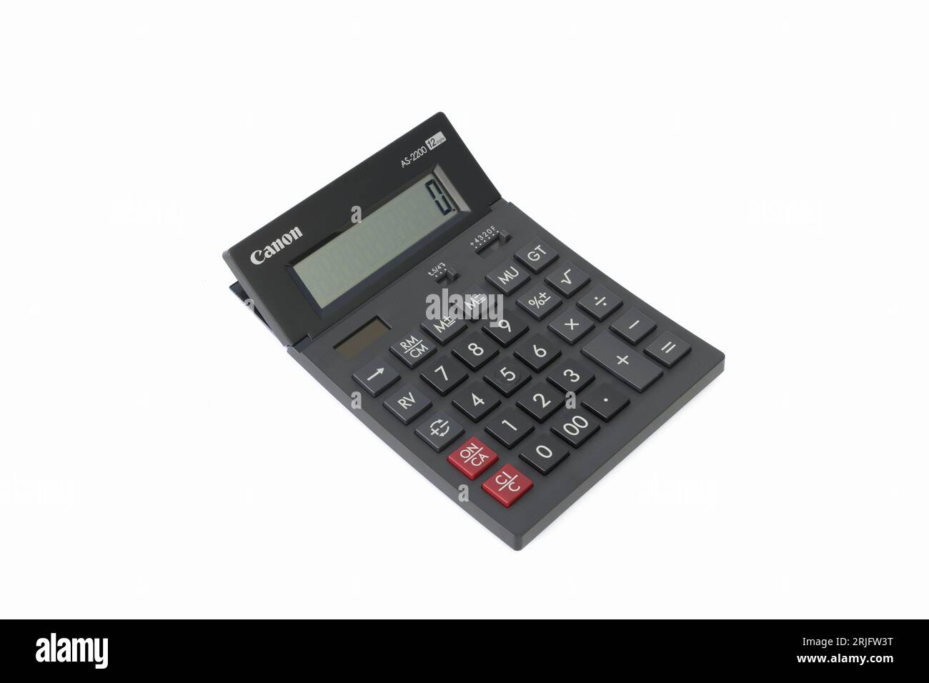 Hasselt.Limburg-Belgium 22-16-2023. Desktop calculator CANON AS-2200 on white background. Large buttons and lifting screen. Stock Photo