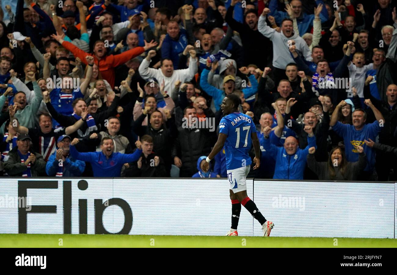 Rangers’ Rabbi Matondo celebrates scoring their sides second goal during the UEFA Champions League qualifying first leg match at Ibrox Stadium, Glasgow. Picture date: Tuesday August 22, 2023. Stock Photo