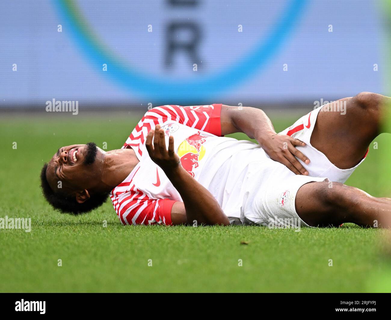 LEVERKUSEN Lois Openda of RB Leipzig has an injury during the
