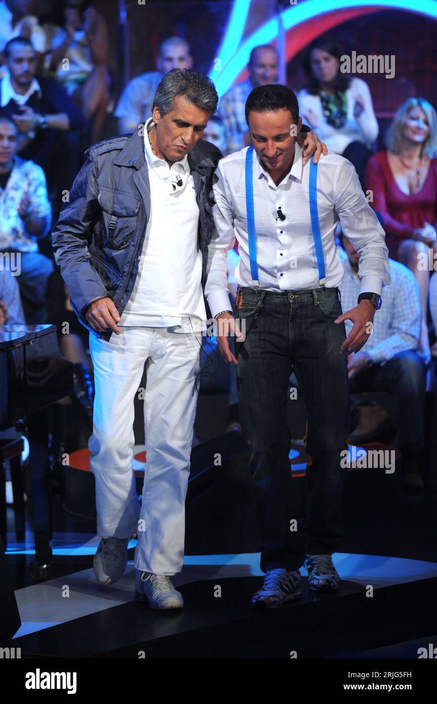 Milan Italy 2008-09-20 : Totò Cutugno and the conductor Francesco Facchinetti during the Rai broadcast 'Scalo 76' Stock Photo