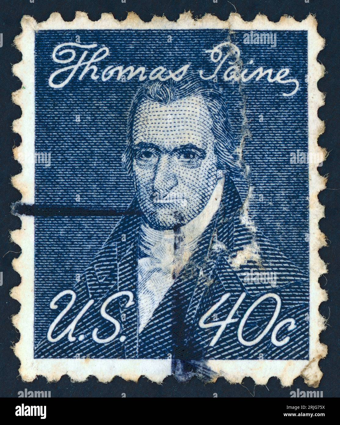 Thomas Paine (born Thomas Pain; 1737 – 1809). Postage stamp issued in the US in 1968. Thomas Paine was an English-born American Founding Father, political activist, philosopher, political theorist, and revolutionary. He authored Common Sense (1776) and The American Crisis (1776–1783), two of the most influential pamphlets at the start of the American Revolution, and he helped to inspire the Patriots in 1776 to declare independence from Great Britain. His ideas reflected Enlightenment-era ideals of human rights. Stock Photo