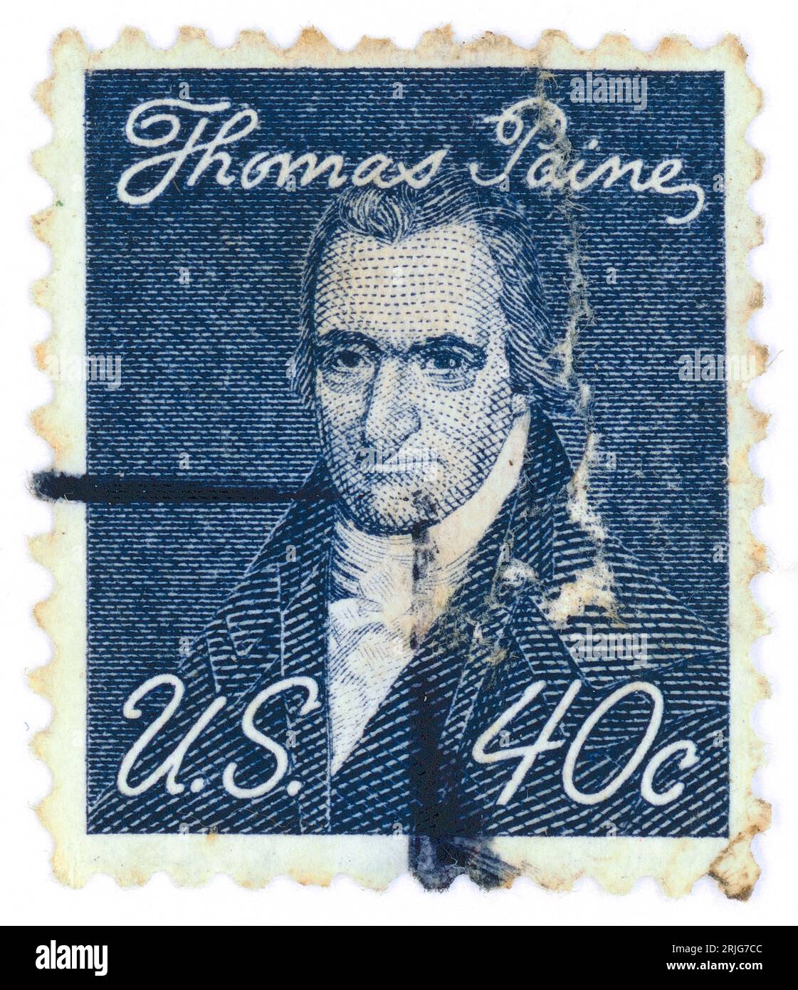 Thomas Paine (born Thomas Pain; 1737 – 1809). Postage stamp issued in the US in 1968. Thomas Paine was an English-born American Founding Father, political activist, philosopher, political theorist, and revolutionary. He authored Common Sense (1776) and The American Crisis (1776–1783), two of the most influential pamphlets at the start of the American Revolution, and he helped to inspire the Patriots in 1776 to declare independence from Great Britain. His ideas reflected Enlightenment-era ideals of human rights. Stock Photo