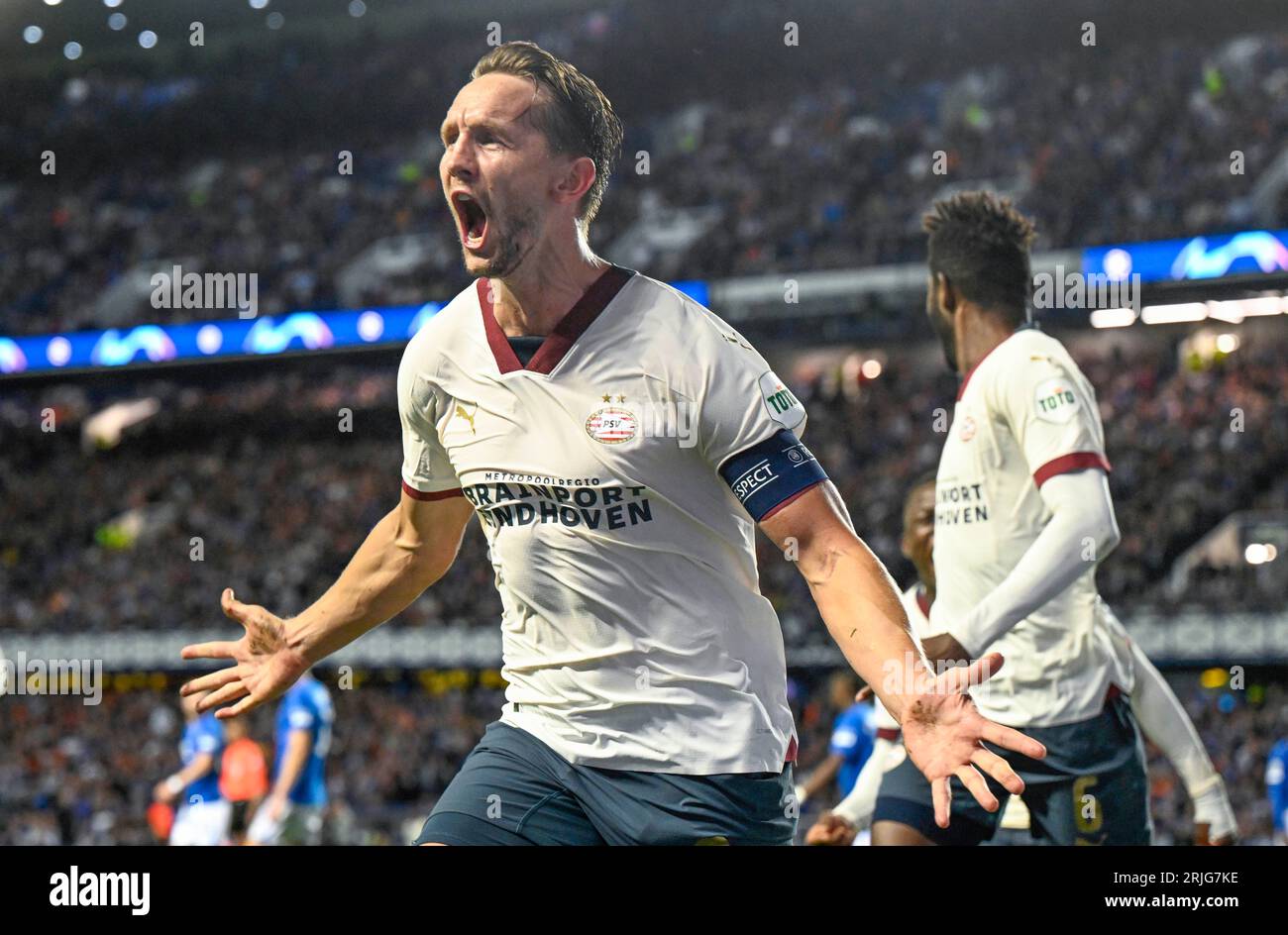 Glasgow, UK. 22nd Aug, 2023. Luuk de Jong of PSV Eindhoven scored his sides 2nd equaliser during the UEFA Champions League match at Ibrox Stadium, Glasgow. Picture credit should read: Neil Hanna/Sportimage Credit: Sportimage Ltd/Alamy Live News Stock Photo