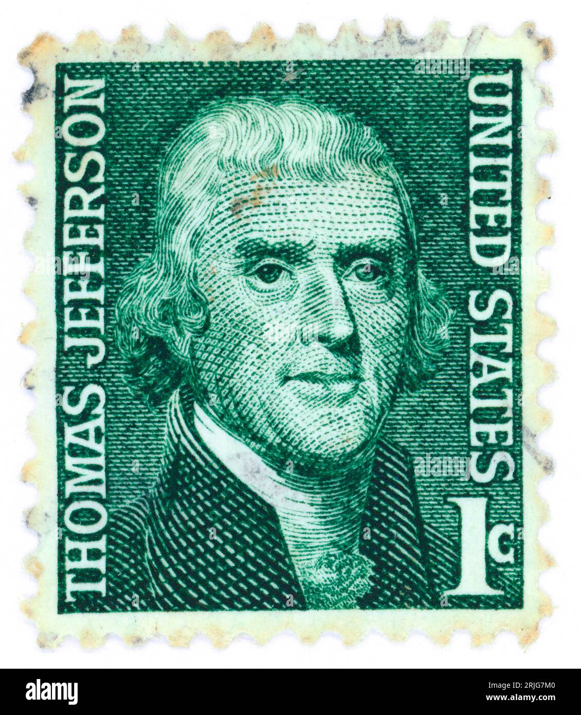 Thomas Jefferson (1743 – 1826). Postage stamp issued in the US in 1968. Thomas Jefferson was an American statesman, diplomat, lawyer, architect, philosopher, and Founding Father who served as the third president of the United States from 1801 to 1809. Among the Committee of Five charged by the Second Continental Congress with drafting the Declaration of Independence, Jefferson was the document's primary author. Stock Photo
