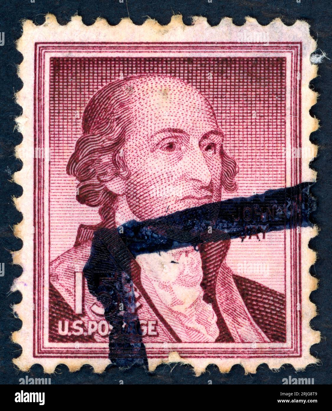 John Jay (1745 – 1829). Postage stamp issued in the US in 1958. John Jay a Founding Father of the United States who served the new nation in both law and diplomacy. He established important judicial precedents as the first chief justice of the United States (1789–95) and negotiated the Jay Treaty of 1794, which settled major grievances with Great Britain and promoted commercial prosperity. Stock Photo