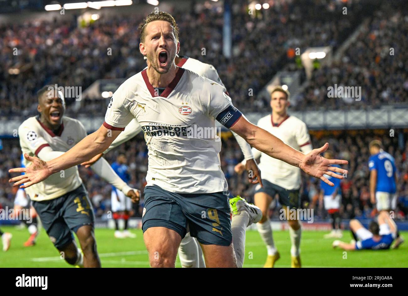 Glasgow, UK. 22nd Aug, 2023. Luuk de Jong of PSV Eindhoven scored his sides 2nd equaliser during the UEFA Champions League match at Ibrox Stadium, Glasgow. Picture credit should read: Neil Hanna/Sportimage Credit: Sportimage Ltd/Alamy Live News Stock Photo