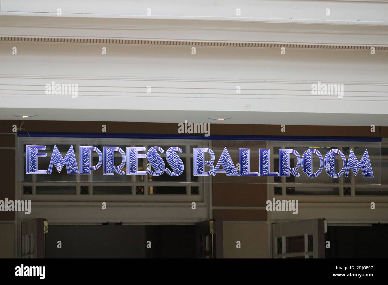 Art deco typeface blue sign for the Empress Ballroom in the Winter Gardens, Blackpool Stock Photo