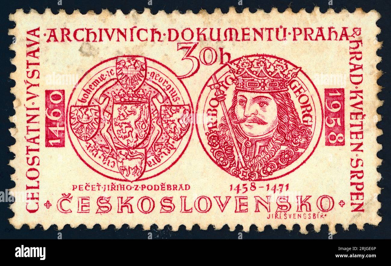 George, byname George of Poděbrady, king of Bohemia from 1458. Postage stamp issued in Czechoslovakia in 1958. George of Kunštát and Poděbrady (1420 – 1471), also known as Poděbrad or Podiebrad (Czech: Jiří z Poděbrad; German: Georg von Podiebrad), was the sixteenth King of Bohemia, who ruled in 1458–1471. He was a leader of the Hussites, but moderate and tolerant toward the Catholic faith. Stock Photo