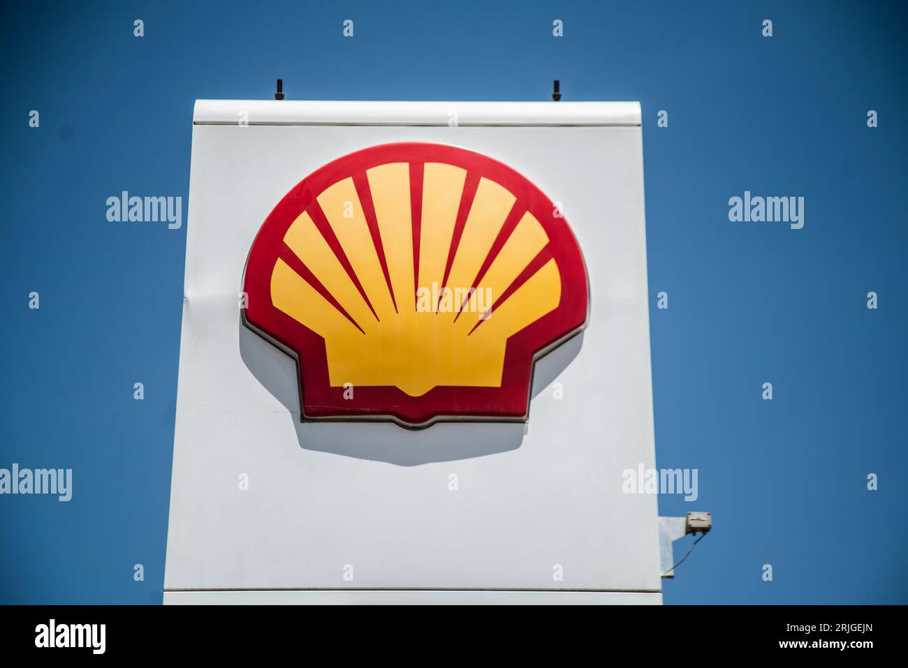 Nakuru, Kenya. 22nd Aug, 2023. A Shell logo displayed on a board at a