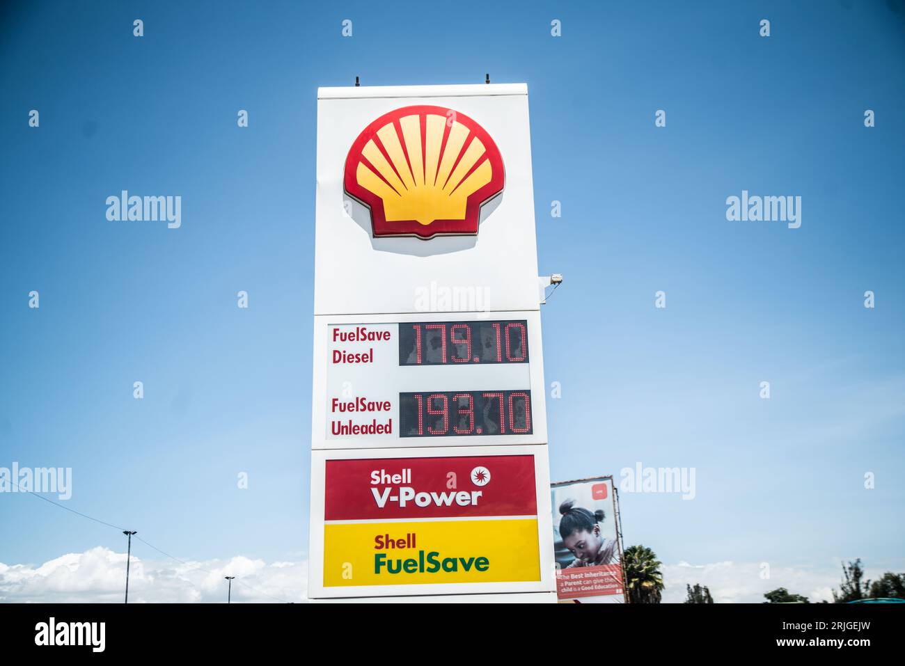 Nakuru, Kenya. 22nd Aug, 2023. Fuel prices are seen displayed on a board at a Shell fuel station in Nakuru. An analysis by Global Witness said by 2050, five major fossil fuel corporations - Shell, BP, ExxonMobil, Chevron, and TotalEnergies are set to use up an eighth of the global carbon budget, placing Paris Agreement's 1.5°C goal at grave risk. Credit: SOPA Images Limited/Alamy Live News Stock Photo