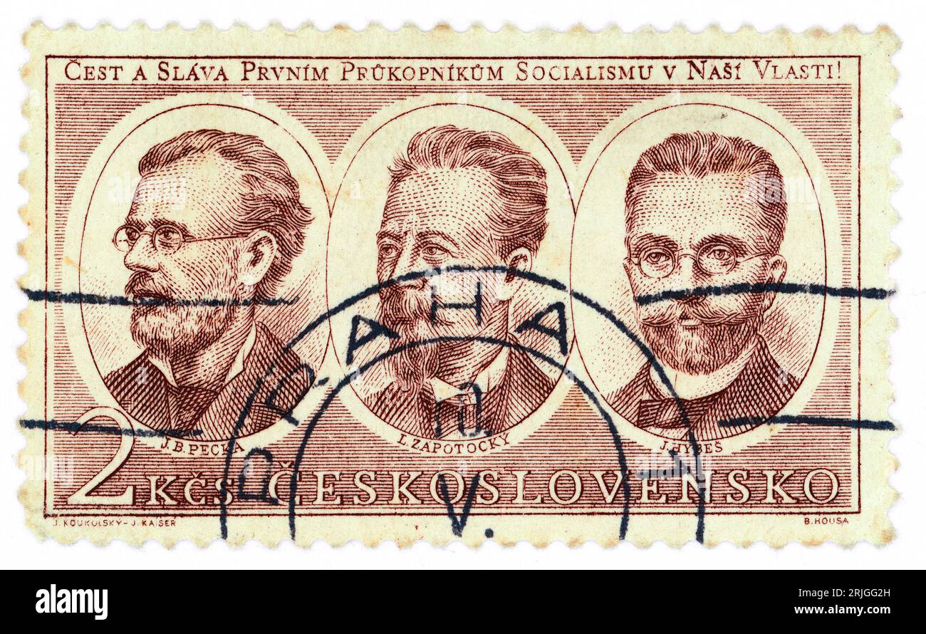 Pecka, Zápotocký, Hybeš. 'Honour and glory to the first pioneers of socialism in our homeland' Postage stamp issued in Czechoslovakia in 1953. Full names: Josef Boleslav Pecka (1849 – 1897), Ladislav Zápotocký (1852 – 1916), Josef Hybeš (1850–1921). Stock Photo