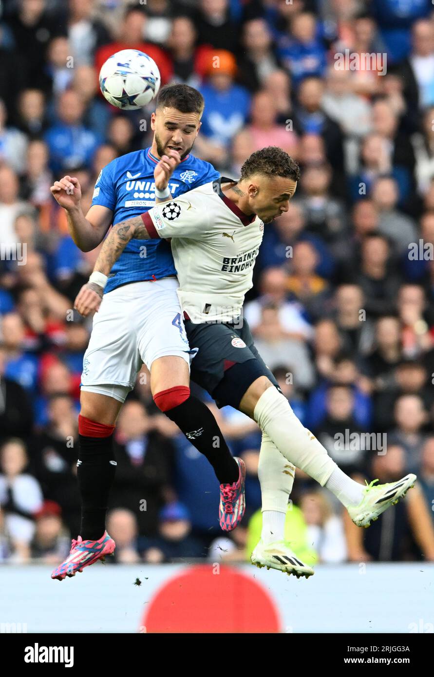 Glasgow, UK. 22nd Aug, 2023. Nicolas Raskin of Rangers and Noa Lang of ...