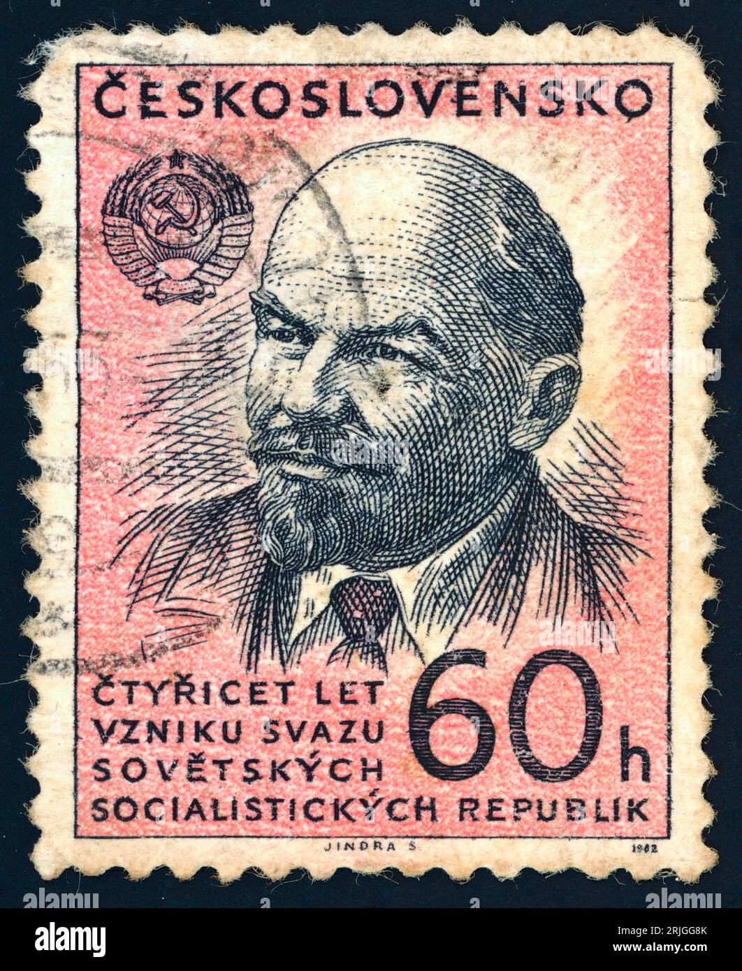 Vladimir Ilich Lenin. Postage stamp issued in Czechoslovakia in 1962 on the occasion of the 40th anniversary of the foundation of the USSR. Vladimir Lenin, also called Vladimir Ilich Lenin, original name Vladimir Ilich Ulyanov, (1870 – 1924), was the founder of the Russian Communist Party (Bolsheviks), inspirer and leader of the Bolshevik Revolution (1917), and the architect, builder, and first head (1917–24) of the Soviet state. Stock Photo