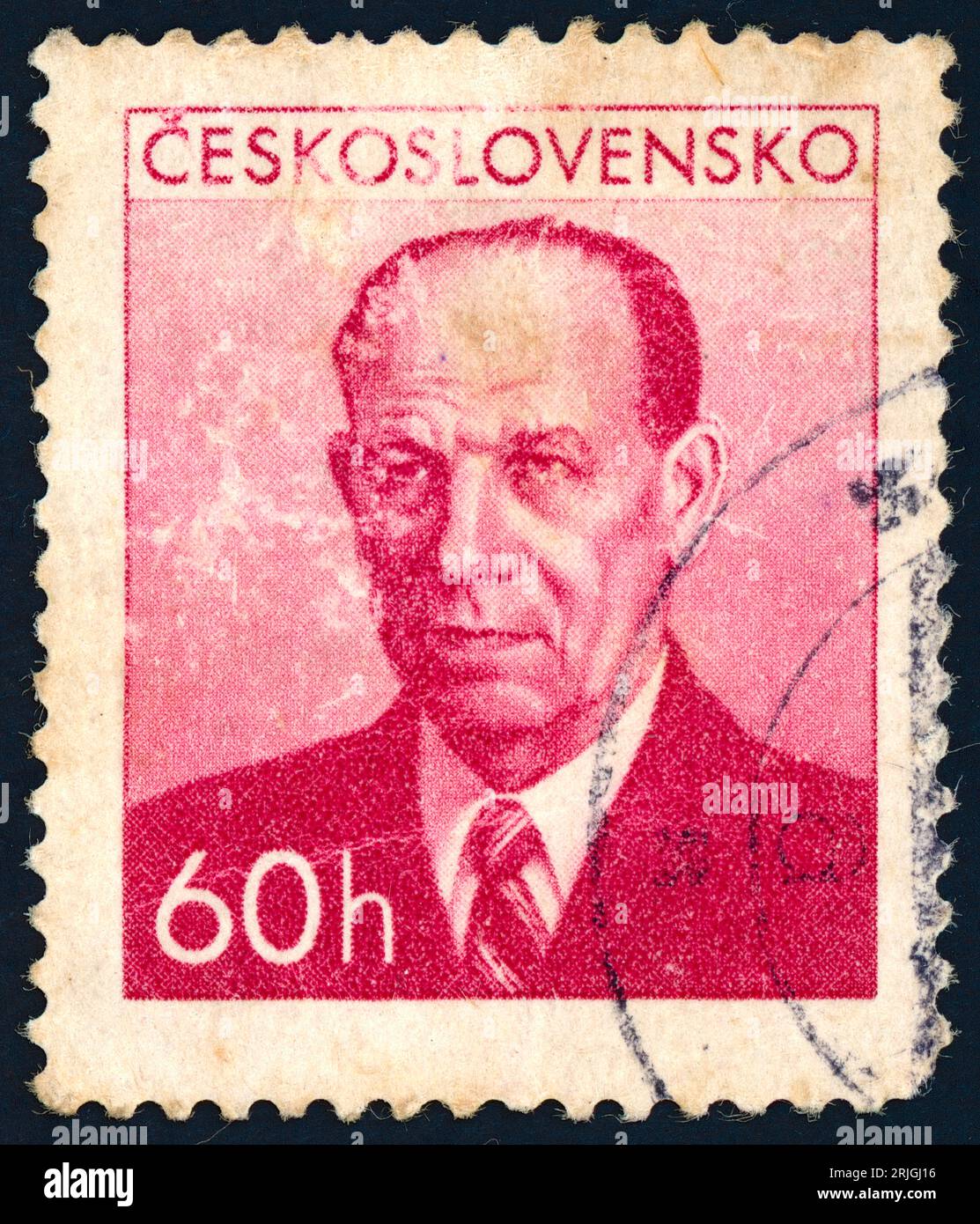 Antonín Zápotocký (1884 – 1957). Postage stamp issued in Czechoslovakia in 1953. Antonín Zápotocký was a Czech communist politician and statesman who served as the prime minister of Czechoslovakia from 1948 to 1953 and the president of Czechoslovakia from 1953 to 1957. Stock Photo
